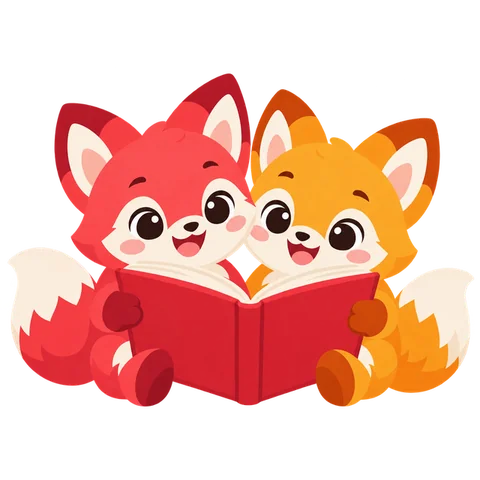 The two Couples Quiz foxes reading a book together