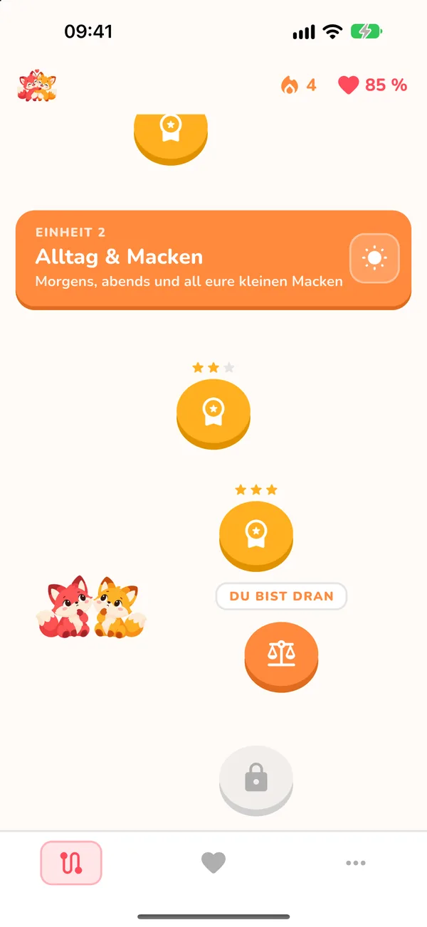 Lernpfad in Paar Quiz mit der Einheit Alltag & Macken, geschafften Leveln mit Sternen und dem nächsten Level