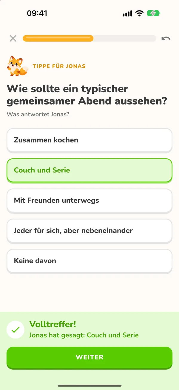 Paar Quiz Screen: tippen, was der Partner auf Wie sollte ein typischer gemeinsamer Abend aussehen geantwortet hat, mit dem Feedback Volltreffer
