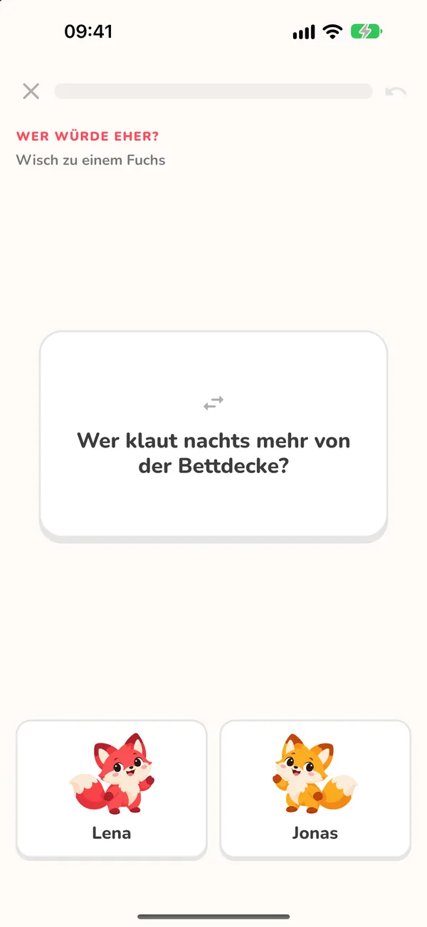 Karte Wer würde eher: Wer klaut nachts mehr von der Bettdecke, mit rotem und goldenem Fuchs zur Auswahl