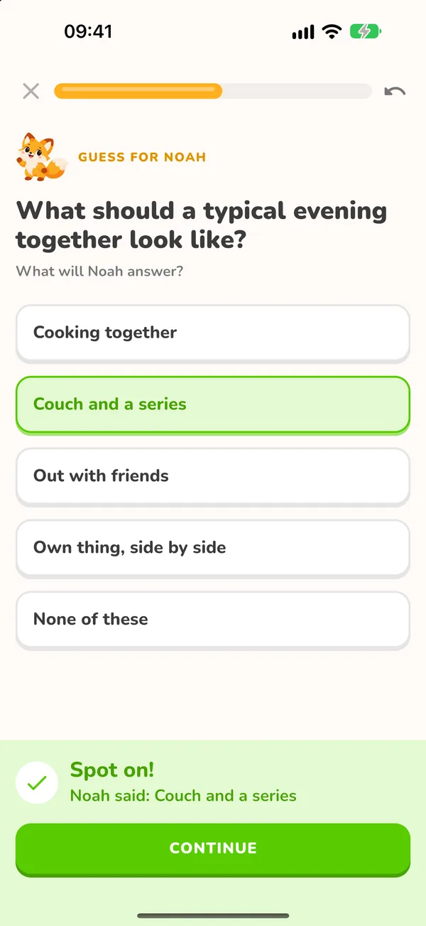 Couples Quiz screen: guess what your partner answered to What should a typical evening together look like, with the feedback Spot on