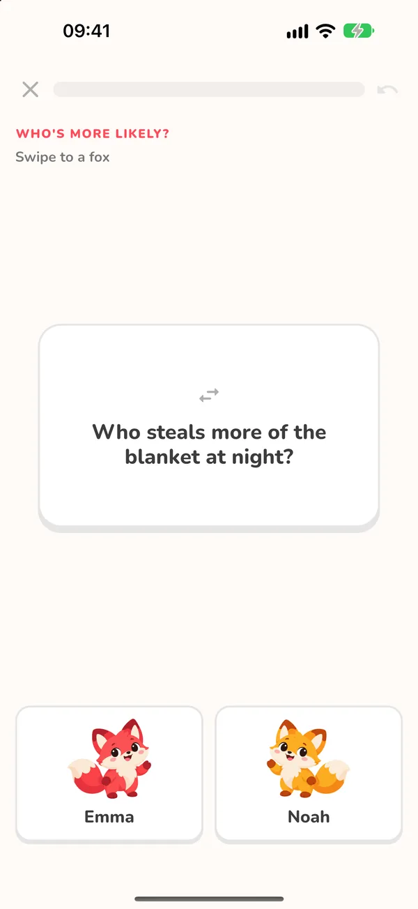 Who's more likely card: Who steals more of the blanket at night, with a red fox and a golden fox to choose from
